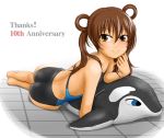  alternate_hairstyle brown_eyes brown_hair competition_swimsuit dolphin flat_chest inflatable_orca inflatable_raft long_hair on_stomach one-piece_swimsuit orca orca_whale original swimsuit tk4 twintails 