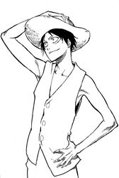  black_hair hat kubo_taito kubo_tite male monkey_d_luffy monochrome one_piece scar short_hair solo straw_hat 