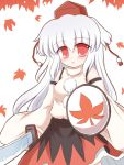  alternate_hair_length alternate_hairstyle bare_shoulders detached_sleeves hat inubashiri_momiji leaf leaves long_hair red_eyes ry shield silver_hair simple_background solo sword tokin_hat touhou weapon white_hair 
