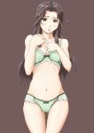  1girl bare_shoulders blush bra brown_background collarbone green_bra green_panties hands_on_own_chest head_tilt jintsuu_(kantai_collection) kantai_collection long_hair looking_at_viewer navel panties simple_background solo standing thigh_gap underwear underwear_only vent_arbre 