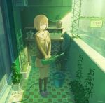  1girl feel_(nasitaki) kneehighs original plant school_uniform short_hair signature skirt solo tiled vines water watering_can 