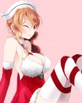  1girl breasts brown_eyes cleavage_cutout dated elbow_gloves gloves headdress kantai_collection large_breasts light_brown_hair littorio_(kantai_collection) one_eye_closed pink_background santa_costume santa_gloves solo striped striped_legwear tbd11 thigh-highs 