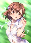  1girl biribiri blush brown_eyes brown_hair coin electricity hair_ornament hairpin looking_at_viewer misaka_mikoto navel open_mouth raika9 school_uniform see-through shirt short_hair solo spiky_hair sweater_vest to_aru_kagaku_no_railgun to_aru_majutsu_no_index wet wet_clothes wet_shirt 