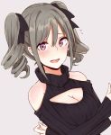  1girl blush breasts cleavage drill_hair highres idolmaster idolmaster_cinderella_girls kanzaki_ranko off-shoulder_sweater open-chest_sweater open_mouth red_eyes ribbed_sweater sagusa_(link_041) silver_hair solo sweater turtleneck twin_drills twintails 