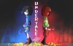 2016 androgynous artist_name back-to-back blood bloody_knife bloody_weapon boots brown_hair chara_(undertale) closed_eyes copyright_name dagger field flower flower_bed flower_field flowey_(undertale) frisk_(undertale) full_body knife lalalaleng long_sleeves shoes shorts signature spoilers standing stepped_on stick striped striped_sweater sweater undertale weapon 