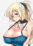  1girl alternate_costume alternate_hairstyle apron arms_at_sides atago_(kantai_collection) bare_shoulders blonde_hair bow breasts green_eyes hair_between_eyes hair_bow highres huge_breasts kantai_collection lips long_hair looking_at_viewer naked_apron no_bra ponytail sankakusui_(deltawhite) simple_background sketch upper_body 