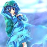  1girl arm_up backpack bag blue_eyes blue_hair blush commentary_request hair_bobbles hair_ornament kawashiro_nitori key looking_at_viewer pocket saemon_(tonpura) short_hair skirt skirt_set smile solo sunlight touhou twintails two_side_up 