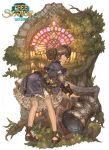  1girl :d ass bent_over blue_dress brown_eyes brown_hair cleric_(tree_of_savior) double_bun dress frilled_dress frills hammer highres leaf long_sleeves looking_back maggi official_art open_mouth plant round_teeth sandals shield smile solo teeth tree tree_of_savior 