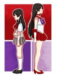  2girls back-to-back bishoujo_senshi_sailor_moon black_hair black_skirt bow bowtie dual_persona from_side full_body high_heels hino_rei long_hair miniskirt multiple_girls pleated_skirt profile red_skirt sailor_mars sakurarose12 school_uniform shirt short_sleeves sidelocks skirt standing very_long_hair w.i.t.c.h. watermark web_address white_shirt 