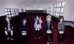  5girls akiyama_mio black_hair black_legwear blonde_hair blue_eyes brown_eyes brown_hair crossed_arms eyebrows hairband hirasawa_yui hood hoodie k-on! komugiko kotobuki_tsumugi long_hair multiple_girls nakano_azusa necktie no_thank_you! school_uniform short_hair sitting tainaka_ritsu twintails window 