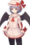  1girl ascot bat_wings black_legwear blue_hair brooch hat hat_ribbon highres jewelry looking_at_viewer mob_cap open_mouth pantyhose pointy_ears red_eyes remilia_scarlet ribbon shone short_hair short_sleeves simple_background skirt skirt_set solo touhou wings 