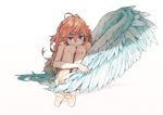  1girl barefoot blue_eyes brown_hair fetal_position gradient_hair hrd long_hair looking_at_viewer messy_hair multicolored_hair nude original pout single_wing sitting solo white_background wings 