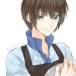  1boy apron brown_eyes brown_hair nishio_akira short_hair simple_background smile solo soukyuu_no_fafner tray twitter_username wae white_background 