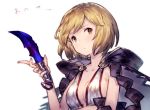  1girl assassin_(granblue_fantasy) benitama blonde_hair breasts cape collarbone commentary_request djeeta_(granblue_fantasy) granblue_fantasy holding holding_knife holding_weapon knife short_hair simple_background solo upper_body white_background 