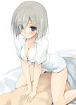  1boy 1girl blue_eyes blush breasts cleavage eyes_visible_through_hair girl_on_top hair_ornament hair_over_one_eye hairclip hamakaze_(kantai_collection) kantai_collection naked_shirt shirt short_hair silver_hair sitting sitting_on_person solo_focus straddling zekkyon 