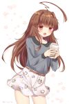  1girl ahoge alternate_costume brown_eyes brown_hair casual fang floral_print highres holding huge_ahoge kantai_collection kuma_(kantai_collection) long_hair long_sleeves looking_at_viewer masakazu_(coccinellee) open_mouth skirt smile solo twitter_username 