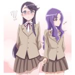  !? 2girls arms_behind_back blush brown_skirt glasses grey_eyes h26r heartcatch_precure! kurumi_momoka long_hair multiple_girls musical_note precure purple_hair school_uniform skirt tsukikage_yuri violet_eyes 