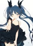  1girl black_dress black_hair breasts bubble cleavage dress floating_hair grey_eyes hatsune_miku long_hair looking_at_viewer lp_(hamasa00) open_mouth outstretched_arm ribbon shinkai_shoujo_(vocaloid) simple_background sleeveless smile solo twintails very_long_hair vocaloid water white_background 