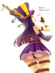  1girl ass belt breasts brown_hair caitlyn_(league_of_legends) english fingerless_gloves gloves gun hat heart highres league_of_legends long_hair looking_at_viewer looking_back mitchlin panties purple_panties red_eyes rifle simple_background skirt sniper_rifle solo thighs top_hat underwear weapon white_background 