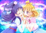  2girls :d ^_^ asahina_mirai blonde_hair blush closed_eyes holding_hands interlocked_fingers izayoi_liko long_hair looking_at_another mahou_girls_precure! multiple_girls open_mouth out_(outsider) precure purple_hair short_hair smile violet_eyes yuri 