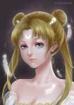  1girl bangs bare_shoulders bishoujo_senshi_sailor_moon blonde_hair blue_eyes crescent double_bun eyelashes face facial_mark feathers forehead_mark hair_ornament hairclip highres light_smile lips looking_at_viewer parted_bangs princess_serenity realistic solo toast_(artist) tsukino_usagi twintails white_feathers 