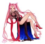  1girl bangs bare_legs bishoujo_senshi_sailor_moon black_dress black_lady chibi_usa chin_rest crescent double_bun dress evil facial_mark forehead_mark gang_g high_heels highres leg_up long_dress long_hair long_legs long_sleeves older parted_bangs pink_hair puffy_long_sleeves puffy_sleeves red_eyes red_shoes see-through shoes side_slit signature sitting solo twintails very_long_hair white_background 