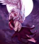  1girl clouds cloudy_sky covering_mouth dress flying hand_over_own_mouth head_back jacket kishin_sagume long_sleeves looking_at_viewer moon necktie purple_dress red_eyes red_necktie silver_hair single_wing sky solo star_(sky) starry_sky tis_(shan0x0shan) touhou wings 