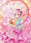  1girl hairband heart komeiji_satori long_sleeves mosho petals pink_eyes pink_hair shirt skirt solo third_eye touhou traditional_media wide_sleeves 