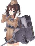  1girl :d backpack bag blue_eyes blush brown_hair cannon character_request cowboy_shot garrison_cap gloves hat headphones iron_cross kuro_(kuronell) long_sleeves looking_at_viewer machinery military military_uniform open_mouth panzer_waltz shell_casing short_hair simple_background skirt smile solo turret underbust uniform white_background white_gloves 