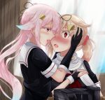  2girls alternate_hairstyle black_gloves black_serafuku blonde_hair blue_hair blush commentary_request curtains fingerless_gloves gloves gradient_hair hair_flaps hair_ornament hair_ribbon hairclip harusame_(kantai_collection) highres holding_head kantai_collection kiss long_hair multicolored_hair multiple_girls neckerchief no_hat noyomidx open_mouth pink_eyes pink_hair ponytail red_eyes remodel_(kantai_collection) ribbon saliva saliva_trail scarf school_uniform scrunchie serafuku short_sleeves side_ponytail surprise_kiss surprised tongue tongue_out white_scarf window yuri yuudachi_(kantai_collection) 