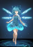  1girl bare_legs barefoot blue_bow blue_dress blue_hair blush bow cirno closed_eyes closed_mouth collared_shirt dress fairy fairy_wings floating full_body hair_bow i-la ice ice_wings legs_together puffy_short_sleeves puffy_sleeves red_ribbon ribbon shirt short_hair short_sleeves smile solo touhou water white_shirt wings 