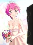  1boy 1girl androgynous artist_request bare_shoulders blush boku_girl breasts bride cleavage eyelashes flower hair_ornament happy jewelry looking_at_viewer mole necklace pink_eyes pink_hair short_hair small_breasts smile solo_focus suzushiro_mizuki veil wedding_dress 