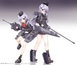  2girls animal_ears ankle_socks artist_request binoculars black_legwear boots bow bowtie cannon character_request copyright_name full_body garrison_cap glasses gloves gradient gradient_background hair_bow hair_ornament hairclip hat highres knee_boots long_hair looking_at_viewer low_twintails machinery military military_uniform multiple_girls open_mouth panther_ausf_g_(panzer_waltz) panzer_waltz purple_hair red-framed_glasses simple_background sisters skirt standing tail tiger_ears tiger_tail turret twintails uniform violet_eyes white_gloves yellow_eyes 