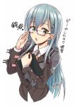  1girl :o adjusting_glasses ascot bespectacled blazer blue_hair blush cannon commentary_request glasses green_eyes hair_ornament hairclip jacket kantai_collection long_hair looking_at_viewer machinery saemon_(tonpura) school_uniform solo suzuya_(kantai_collection) translated turret upper_body white_background 