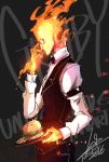  1boy 2016 adjusting_glasses armlet artist_name bow bowtie character_name collared_shirt copyright_name cowboy_shot dress_shirt elemental_(creature) fire food french_fries from_side glasses grillby hamburger highres lalalaleng long_sleeves profile shirt signature sleeve_garters solo undertale upper_body vest white_shirt 