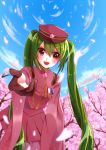  1girl :d aiguillette badge black_gloves blue_sky blush branch cherry_blossoms collar cowboy_shot day eyebrows eyebrows_visible_through_hair gloves green_hair half_gloves hat hatsune_miku highres leaning_forward long_hair long_sleeves looking_at_viewer military military_uniform open_mouth outdoors outstretched_arm pantyhose peaked_cap petals plant pleated_skirt pov purple_legwear red_eyes red_hat red_skirt rumata_(tuine-naumoe) senbon-zakura_(vocaloid) shoulder_pads sidelocks skirt sky smile solo spring_(season) tareme tree tree_branch twintails uniform very_long_hair vocaloid wide_sleeves 