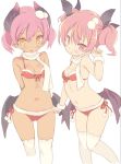  2girls :o arm_up armpits arms_behind_back bikini black_ribbon blade_(galaxist) blush breasts christmas cleavage contrapposto dark_skin demon_girl emelia_pris fur-trimmed_bikini fur_trim hair_ribbon horns looking_at_viewer low_wings midriff multiple_girls navel over-kneehighs parted_lips pink_eyes pink_hair pom_pom_(clothes) pop-up_story red_bikini revia_serge ribbon santa_costume scarf short_hair side-tie_bikini simple_background small_breasts standing stomach swimsuit thigh-highs tsurime two_side_up wavy_mouth white_background white_legwear white_scarf wings wrist_cuffs 