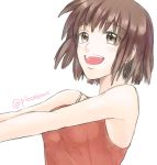  1girl :d bare_shoulders blush breasts brown_eyes brown_hair nishio_rina open_mouth shiny shiny_hair short_hair simple_background smile solo soukyuu_no_fafner tank_top twitter_username wae white_background 