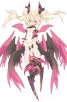  1girl :o arms_at_sides ass_visible_through_thighs bangs bare_shoulders black_wings blade_(galaxist) blonde_hair blush boots breasts demon_girl demon_wings detached_sleeves fang floating_hair foreshortening from_below full_body gradient gradient_wings groin hair_between_eyes halterneck headgear high_heel_boots high_heels highleg highleg_leotard leotard long_hair looking_at_viewer low_wings multicolored_wings multiple_wings open_mouth orange_eyes original parted_bangs pink_boots pink_wings pointy_ears simple_background small_breasts solo thigh-highs turtleneck twintails under_boob underboob_cutout white_background white_legwear wings 