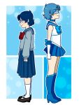  2girls back-to-back bishoujo_senshi_sailor_moon blue_hair blue_skirt boots bow bowtie dual_persona from_side long_sleeves miniskirt mizuno_ami multiple_girls pleated_skirt profile rubber_boots sailor_mercury sakurarose12 school_uniform short_hair skirt standing w.i.t.c.h. watermark web_address 