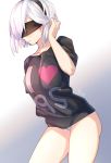  1girl absurdres adjusting_hair aki663 android black_shirt blindfold blush hair_over_face headband heart highres mole mole_under_mouth nier_(series) nier_automata panties pantyshot shirt short_hair sketch solo t-shirt thighs underwear white_background white_hair yorha_no._2_type_b 