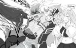  2boys 2girls armor blush bodysuit breasts cheerleader commentary covered_navel crop_top fate/extra fate/extra_ccc fate/grand_order fate_(series) gilgamesh jewelry lancer_(fate/prototype_fragments) lancer_of_red launcher_(fate/extra_ccc) long_hair midriff monochrome multiple_boys multiple_girls navel pauldrons pom_poms punching pvc_parfait scathach_(fate/grand_order) shirtless sign skirt sleeveless sparkle speech_bubble sweatdrop twintails veins very_long_hair 