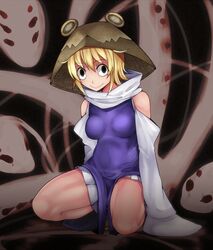  1girl aoshima bare_shoulders blonde_hair commentary dress grey_eyes hat highres long_sleeves looking_at_viewer mishaguji moriya_suwako purple_dress shirt snake solo squatting touhou 