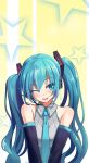  1girl ;d aqua_eyes aqua_hair bare_shoulders blush breasts detached_sleeves gradient gradient_background hatsune_miku head_tilt headset highres long_hair looking_at_viewer nai_zi necktie one_eye_closed open_mouth smile solo star starry_background twintails upper_body vocaloid wing_collar 