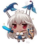  &gt;:d &gt;_&lt; 1girl :d @_@ ahoge armor armored_dress blue_dress blush chibi closed_eyes dark_skin dragon dress flying granblue_fantasy held_up holding holding_sword holding_weapon long_hair motion_lines naturalton open_mouth red_eyes shield silver_hair simple_background smile solo sword the_order_grande thigh-highs weapon white_background 