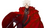  1boy brown_eyes cape cassock cross cross_necklace dark_skin earrings fate/apocrypha fate_(series) jewelry katana kotomine_shirou looking_at_viewer male_focus pako smile solo spiky_hair stole sword weapon white_hair 
