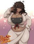  1girl agawa_ryou ahoge belly breasts brown_eyes brown_hair cleavage dark_skin hand_on_hip huge_breasts long_hair looking_at_viewer messy_hair midriff navel plump smile solo thick_thighs thighs 