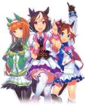  3girls animal_ears bangs blue_eyes brown_hair character_request gloves horse_ears horse_tail long_hair mckeee multicolored_hair multiple_girls official_art orange_hair pantyhose pointing pointing_up tail thigh-highs two-tone_hair umamusume violet_eyes 