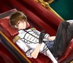 1boy absurdres aiguillette bad_id black_gloves black_pants boots brown_hair buttons collar crossed_legs curtains dutch_angle emblem ensemble_stars! epaulettes evil_smile gloves hair_between_eyes highres knee_boots looking_at_viewer military military_uniform morisawa_chiaki orange_eyes pants parted_lips pillar sanmon_(mekko0929) short_sleeves sitting sleeves_folded_up smile solo throne uniform white_boots 