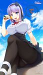  1girl 2016 :d arm_support artist_name bangs black_hair black_legwear black_ribbon black_rose black_skirt blue_eyes blue_sky blush bow bowtie breasts clouds copyright_name crotch_seam dagashi_kashi dated dress eyebrows eyebrows_visible_through_hair eyelashes flower frilled_sleeves frills from_below hair_flower hair_ornament hair_ribbon hairband high-waist_skirt highres hozumi_kaoru large_breasts looking_at_viewer open_mouth panties panties_under_pantyhose pantyhose pantyshot pantyshot_(sitting) puffy_short_sleeves puffy_sleeves purple_hair red_bow red_bowtie ribbon ringed_eyes rose shadow shidare_hotaru short_hair short_sleeves signature sitting skirt sky smile solo speech_bubble suspender_skirt suspenders thighband_pantyhose umaibou underwear upskirt white_dress white_panties wrist_cuffs 
